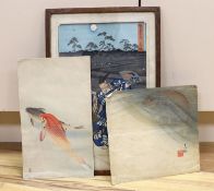 Ohara Koson, woodblock print, Two carp, 32 x 19cm, together with two other Japanesew woodblock