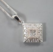 A modern 9k and diamond chip set pendant, 10mm, on a 585 fine link chain, 44cm, gross weight 2.1