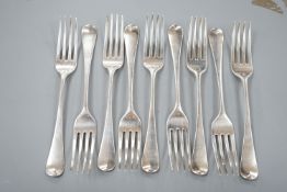 A set of nine George III silver Hanovarian pattern table forks, Eley & Fearn, London, 1804, 17oz.