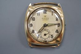 A gentleman's 1940's 9ct gold Rolex Sport manual wind wrist watch, with Arabic dial and subsidiary