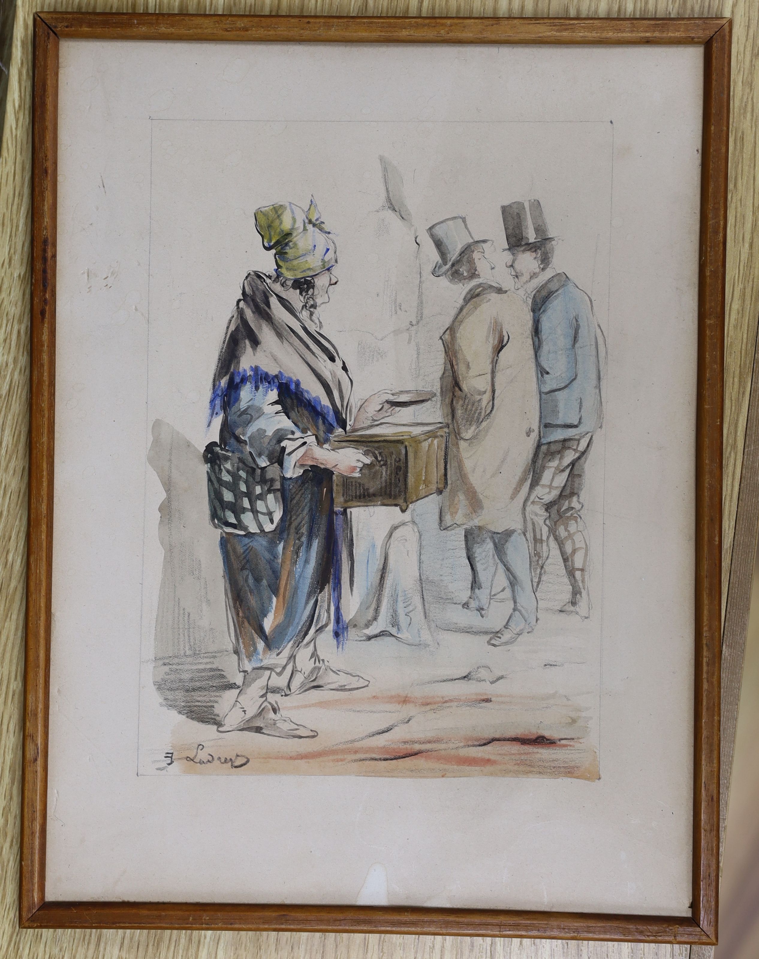 French School, pencil and watercolour, Street vendor and passing gentleman, signed, 23 x 16cm - Image 3 of 4