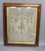 A George III Adam and Eve cross stitch sampler, worked by Jane Thomas 1814, 37x28cm