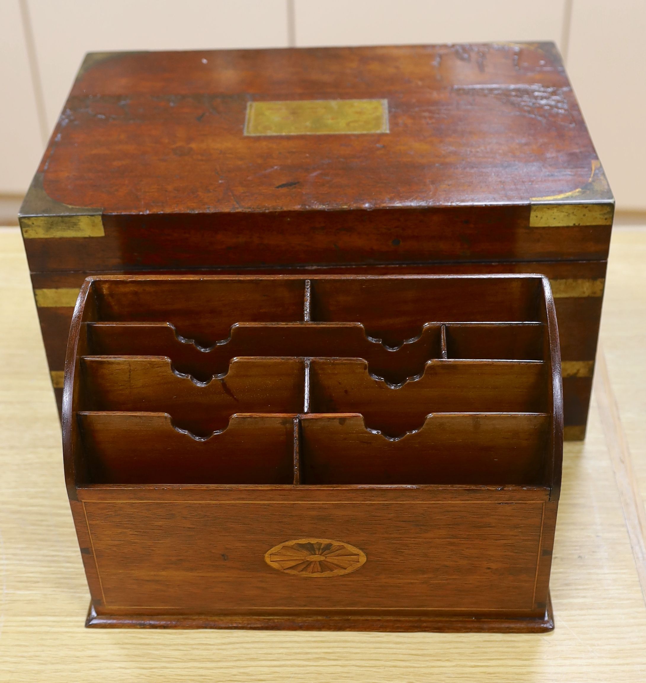 A military style Victorian mahogany box and Edwardian inlaid stationary rack,box 38 cms wide x 20