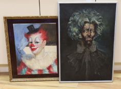 Ken Moroney (1949-2018), oil on board, portrait of a clown together with another 75x50cm