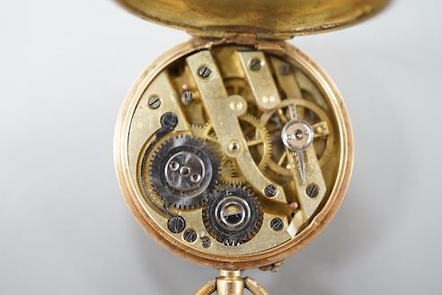 A continental 14k yellow metal, rose cut diamond and enamel set open faced keyless fob watch, - Image 8 of 12