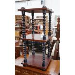 A Victorian style bobbin turned mahogany three tier whatnot, width 40cm, depth 39cm, height 86cm