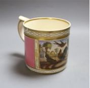 A Derby porter mug of large size painted with birds in a garden scene within a gilt panel on a