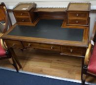 An Edwardian satinwood banded mahogany kneehole writing desk, length 106cm, depth 56cm, height 96cm