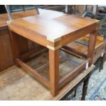 A military style brass mounted square walnut low table width 61, height 51 cms.