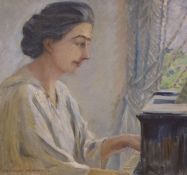 Heinrich Hübner (German, 1869-1945), oil on canvas, Lady playing the piano, signed and dated '17, 42