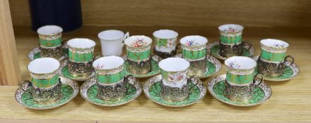 A Hammersley & Co porcelain coffee set with associated silver gilt cup holders