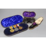 A WWI trio to J L Muir, Royal Fusiliers, a miniature medal, and a pair of opera glasses