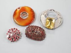 Four assorted Victorian and later brooches including agate set, 45mm.