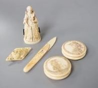 A pair of 19th century ivory balm pots, 3.75cm., a smallDieppe triptych figure, 6.5cm. a Meiji tiger