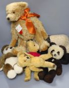 Two British teddy Bears, two Steiff Bears, one Panda Nightdress case and modern Herman limited