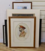 James Higgs, watercolour, George V in uniform, signed and dated 1928, 40 x 30cm, and four assorted