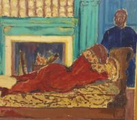 Jade Jagger (1971-), oil on board, Interior with woman on a chaise longue, signed, 82 x 88cm