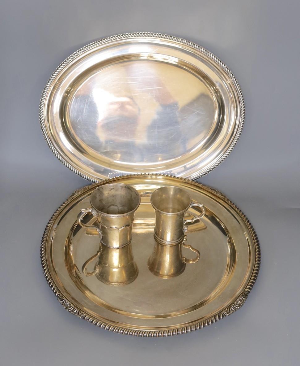 A silver plated tray, an oval plated serving dish and two silver plated mugs. Largest 41cm - Image 2 of 8