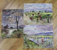 Mg Maung Gy (Burmese 1890-1942), three watercolours, Rice planters and River landscapes, signed