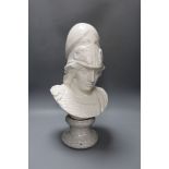 A white glazed ceramic portrait bust of Athena on faux marble plinth 49cm