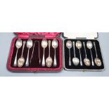 Two cased sets of six silver tea or coffee spoons including late Victorian with sugar tongs.