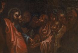 19th century Continental School, oil on canvas, Christ giving alms, 33 x 47cm