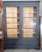 A French painted glazed pine two door bookcase, width 155cm, depth 27cm, height 211cm