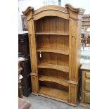 An 18th century style French provincial pine open bookcase, length 116cm, depth 28cm, height 204cm