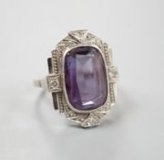 An Art Deco style white metal, synthetic colour change corundum and diamond chip set dress ring,