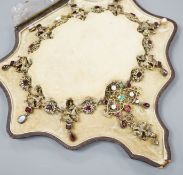 A 19th century Austro-Hungarian? gilt metal, gem, enamel and paste set drop fringe necklace, 36cm,