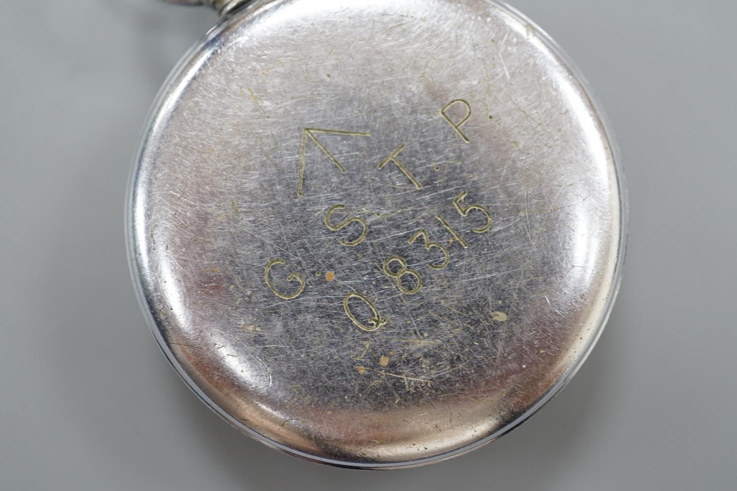 A military issue chrome cased keyless pocket watch, with black Arabic dial and subsidiary seconds, - Image 3 of 3