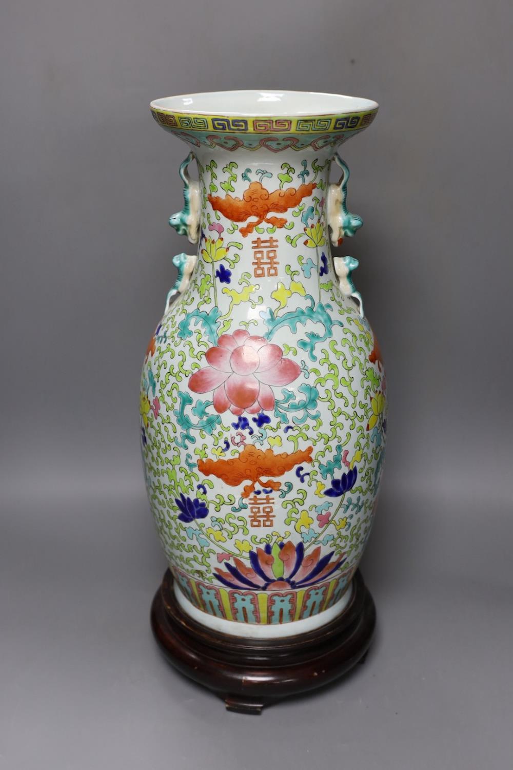 A large Chinese enamelled porcelain vase, on wood stand 53cm - Image 5 of 12