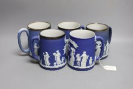 Five Wedgwood for Elkington & Co. blue jasper rifle or shooting club trophy mugs, 12.5cm high some