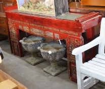 A Chinese carved scarlet and gilt painted altar table with faux stone top, length 198cm, depth 41cm,