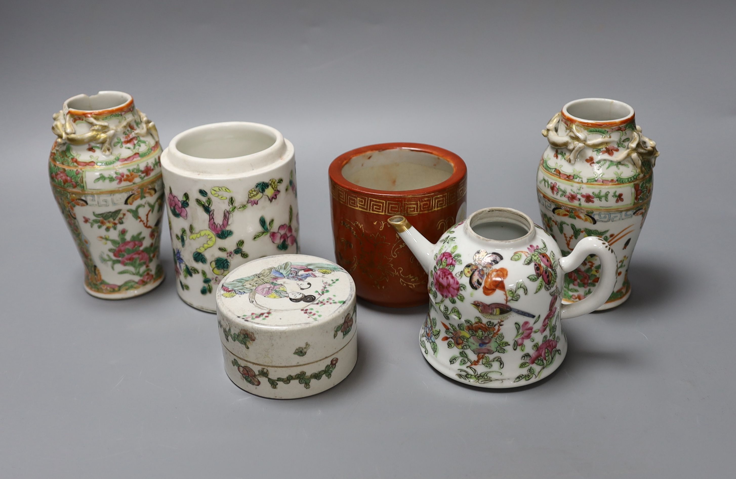 A group of Chinese famille rose vases and jars, a box and cover and a teapot, 19th/20th century,Pair - Image 3 of 8