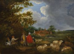 After Morland, oil on canvas, Travellers and shepherd in a landscape, 45 x 61cm, unframed