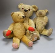 Three British Teddy Bears and Chad Valley with Queen Label, Omega with hair loss and Chad Valley