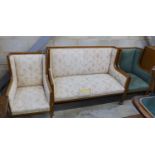 An Edwardian inlaid mahogany three piece salon suite, settee length 143cm, depth 70cm, height 104cm