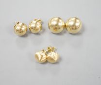 Two modern pairs of 750 yellow metal ear studs, one with 925 butterflies, gross 7.3 grams and a pair