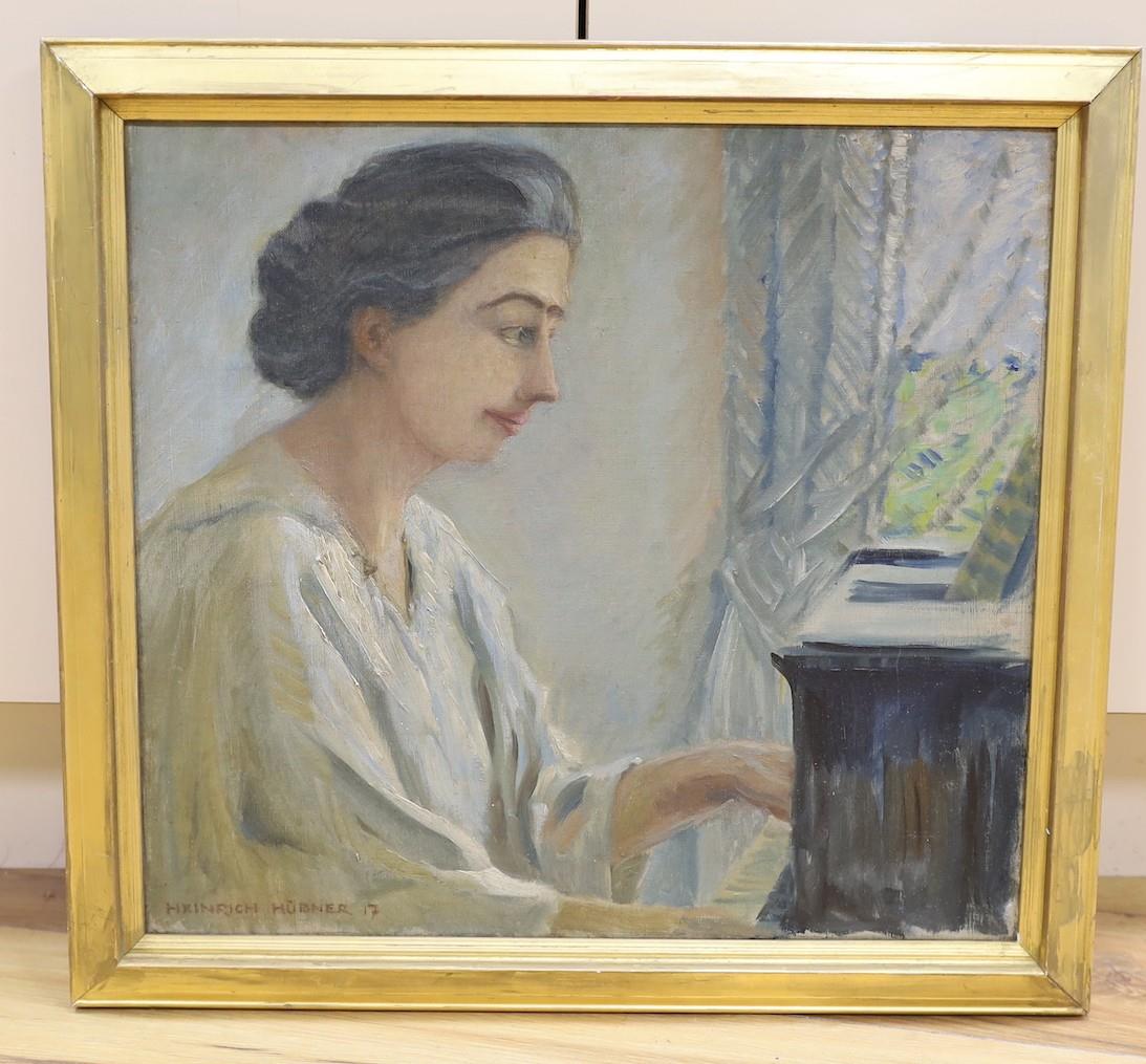 Heinrich Hübner (German, 1869-1945), oil on canvas, Lady playing the piano, signed and dated '17, 42 - Image 4 of 6