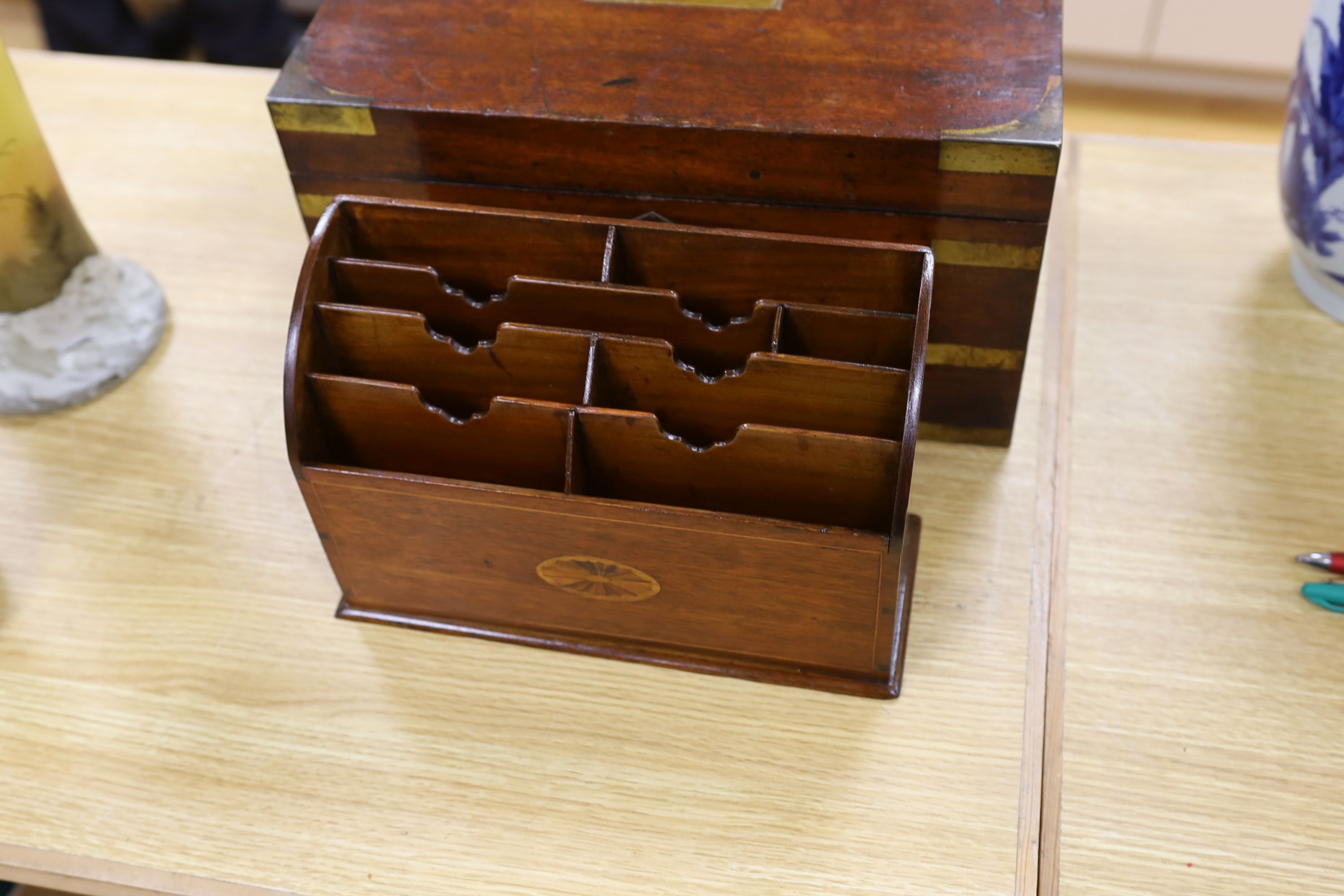 A military style Victorian mahogany box and Edwardian inlaid stationary rack,box 38 cms wide x 20 - Image 3 of 6