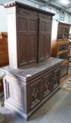 A 19th century Continental pine three door buffet with associated mahogany top, length 143cm,