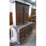 A 19th century Continental pine three door buffet with associated mahogany top, length 143cm,