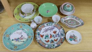 A group of Chinese enamelled porcelain plates, dishes, covers, cups and a vase