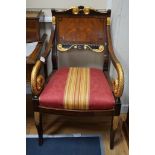 A pair of Regency design parcel gilt mahogany elbow chairs, width 59cm, depth 53cm, height 102cm