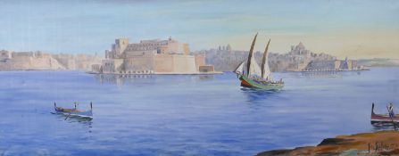 Galea, oil on canvas, 'Valetta Harbour, Malta', signed and dated 1918, 48 x 119cm