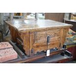 An 18th century style French provincial fruitwood single drawer low table, width 69cm, depth 49cm,