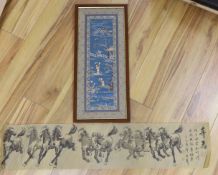 A Chinese painted handscroll and an embroidered silk panel