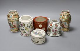 A group of Chinese famille rose vases and jars, a box and cover and a teapot, 19th/20th century,Pair