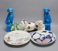 A pair of Chinese turquoise glazed lion dogs, 26.5cm, two Chinese dishes other Oriental ceramics